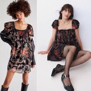 Free People Velvet Beautiful Blooms Mini Dress / Black Combo Small